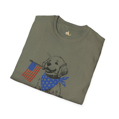 Unisex Patriotic Puppy T-Shirt — Golden Retriever with American Flag Bandana (Light Weight, Ultra Soft Tee)