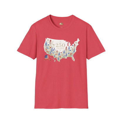 Unisex 250 Years USA Floral Map T-Shirt — Patriotic Anniversary Graphic Tee (Light weight Ulta Soft T-Shirt)