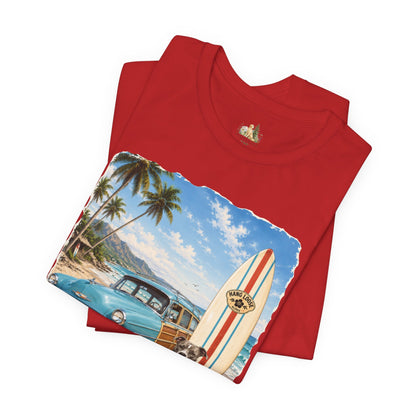 Men's Retro Beach Surf T-Shirt – Vintage Car, Surfboard & Palm Tree Graphic