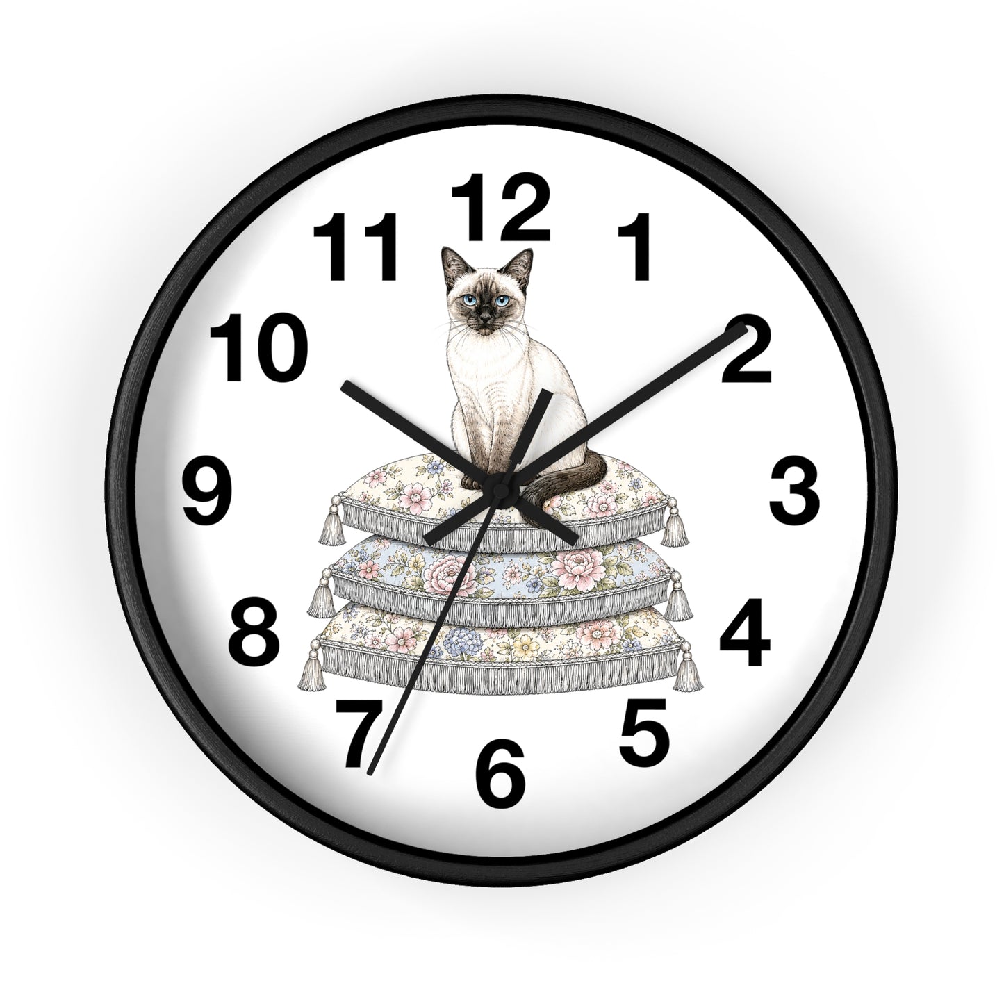 Siamese Cat on Stacked Cushions Wall Clock | Floral Pillow Illustration
