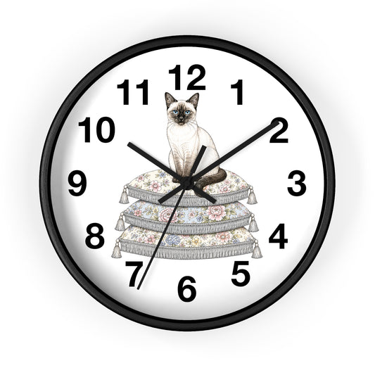Siamese Cat on Stacked Cushions Wall Clock | Floral Pillow Illustration