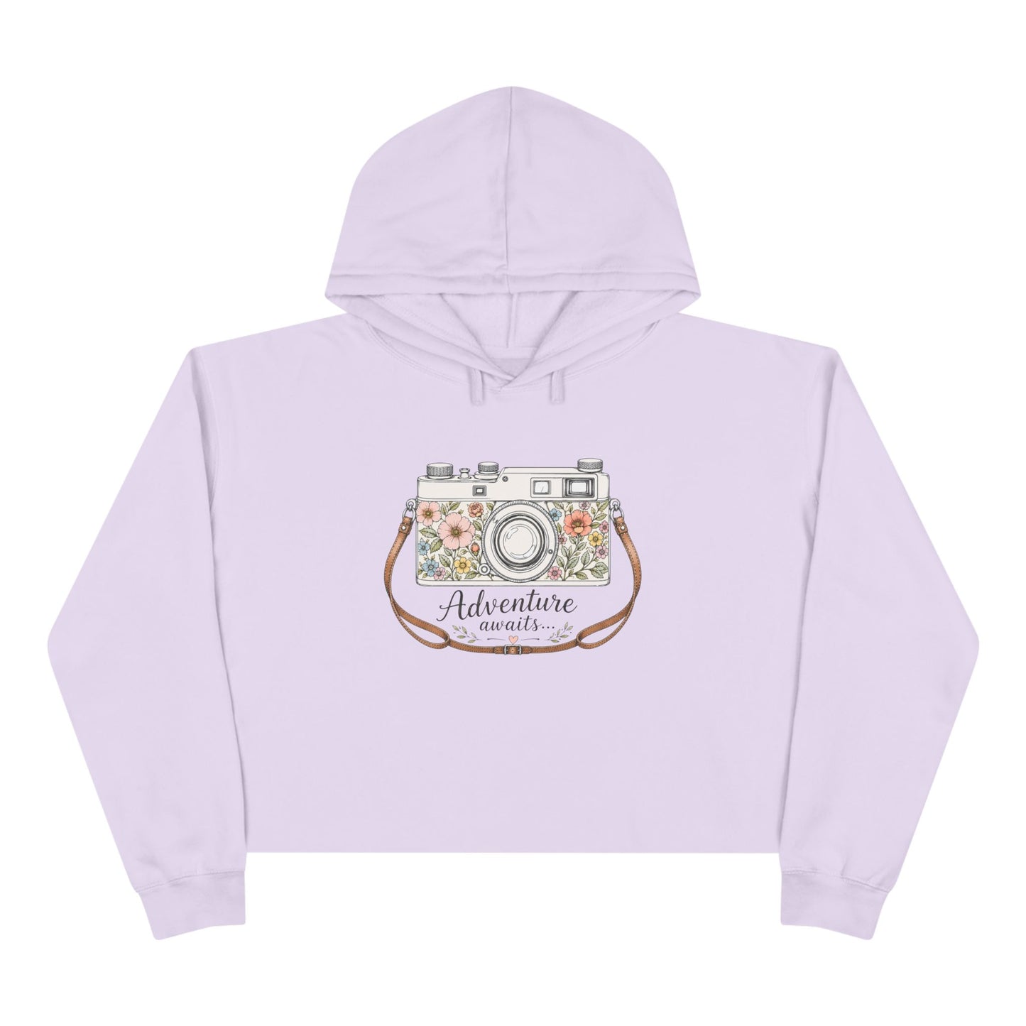 Cropped Hoodie — Floral Vintage Camera “Adventure Awaits” Crop Hoodie