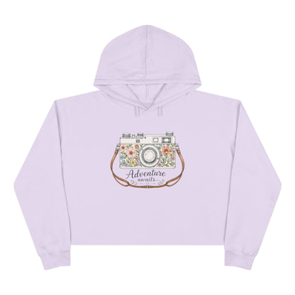 Cropped Hoodie — Floral Vintage Camera “Adventure Awaits” Crop Hoodie