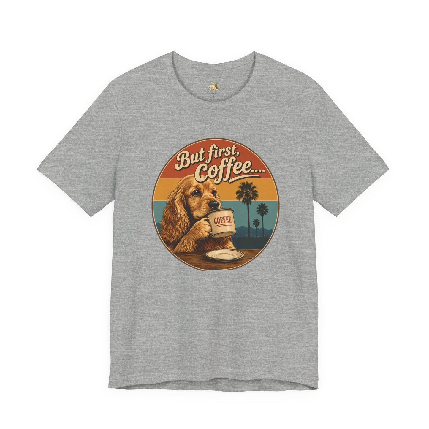 Men's But First Coffee Dog Tee — Retro Palm Tree Coffee Lover T-Shirt