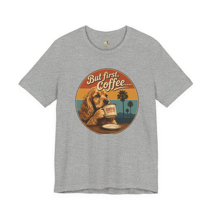 Men's But First Coffee Dog Tee — Retro Palm Tree Coffee Lover T-Shirt