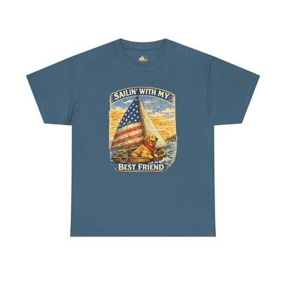 Unisex Sailin' With My Best Friend T-Shirt - Dog & American Flag Sailing Crew Tee (Light Weight, Ultra Soft Cotton)
