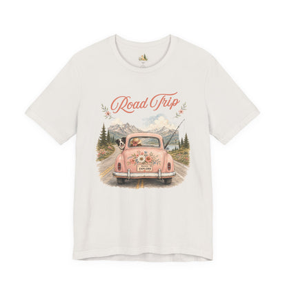 Road Trip Vintage Car T-Shirt — Retro Floral Scenic Drive Tee