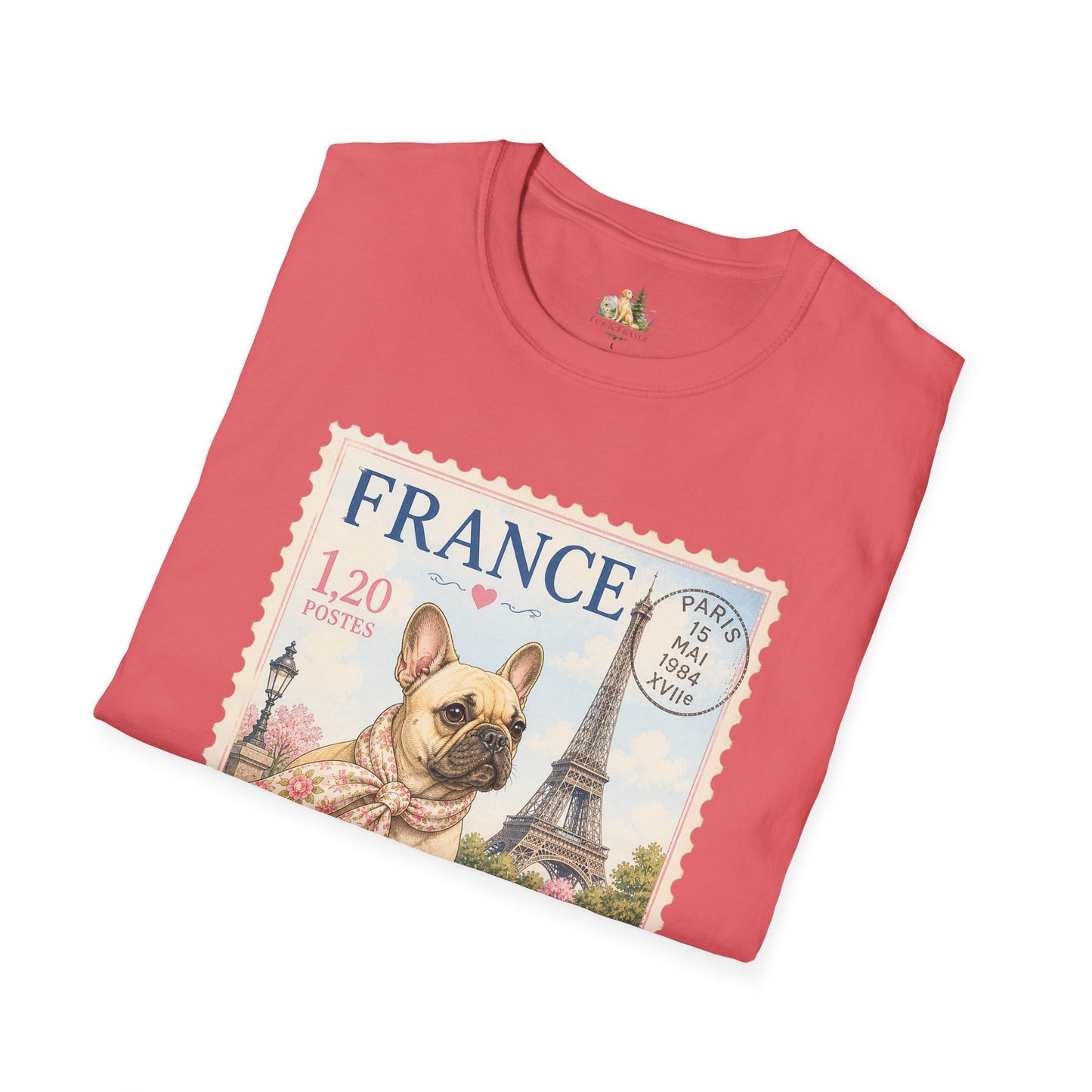 French Bulldog Postage Stamp T-Shirt | Eiffel Tower Paris Design (Light Weight, Ultra Soft Tee)