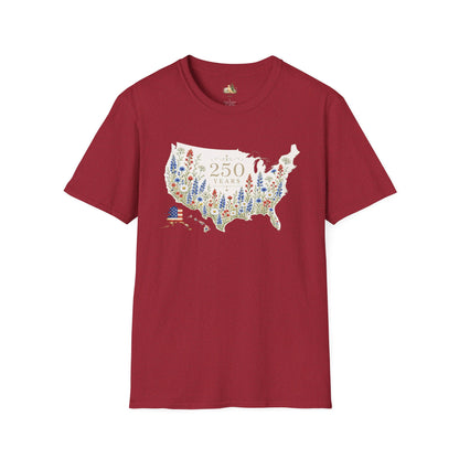 Unisex 250 Years USA Floral Map T-Shirt — Patriotic Anniversary Graphic Tee (Light weight Ulta Soft T-Shirt)