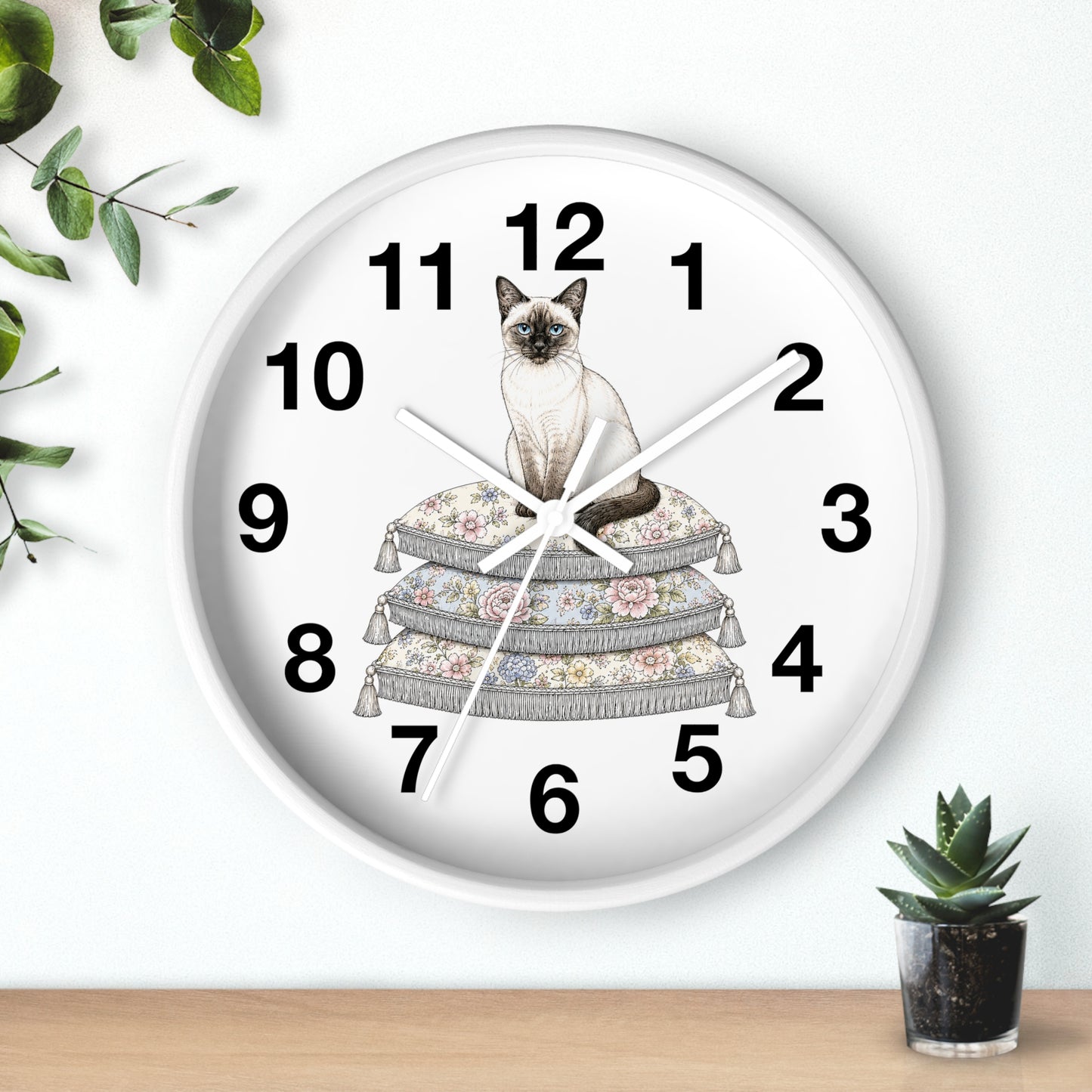 Siamese Cat on Stacked Cushions Wall Clock | Floral Pillow Illustration