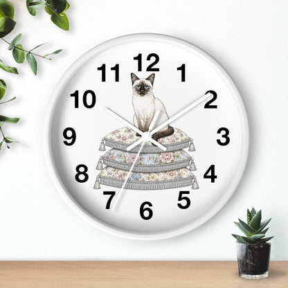 Siamese Cat on Stacked Cushions Wall Clock | Floral Pillow Illustration