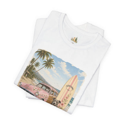 Vintage Beach Surf T‑Shirt — Retro Car, Surfboard & Dog Graphic