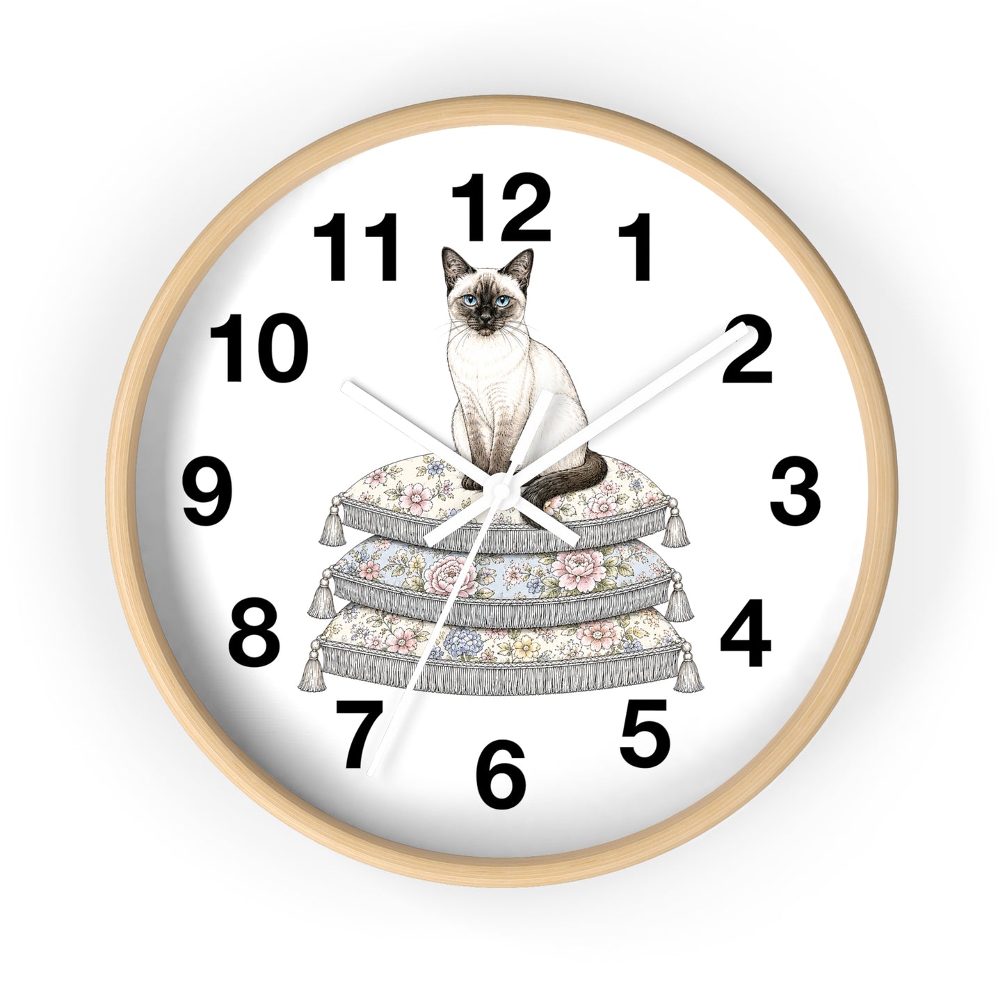 Siamese Cat on Stacked Cushions Wall Clock | Floral Pillow Illustration