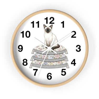 Siamese Cat on Stacked Cushions Wall Clock | Floral Pillow Illustration