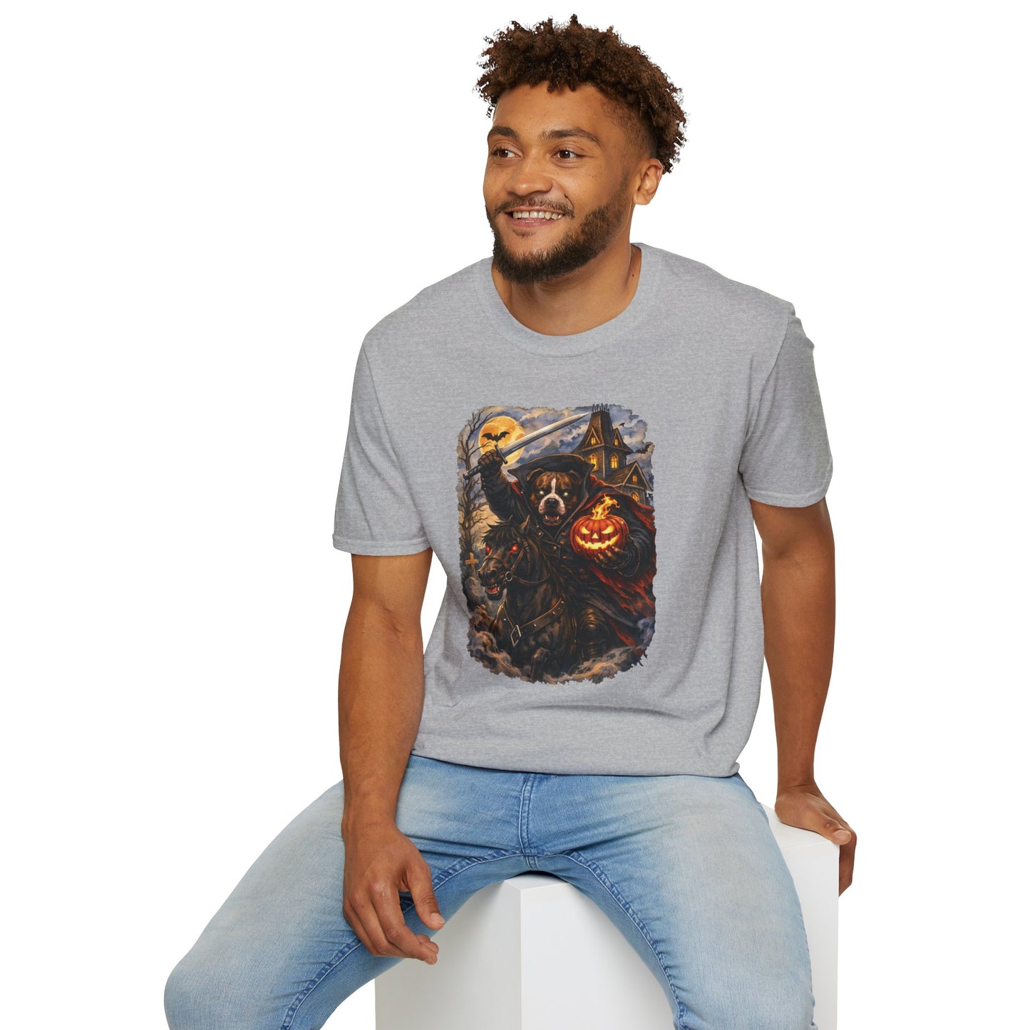 Unisex Halloween Pit Bull Headless Horseman Tee – What Tails Lurk Behind The Pines Collection
