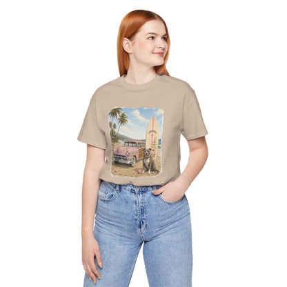 Vintage Beach Surf T‑Shirt — Retro Car, Surfboard & Dog Graphic
