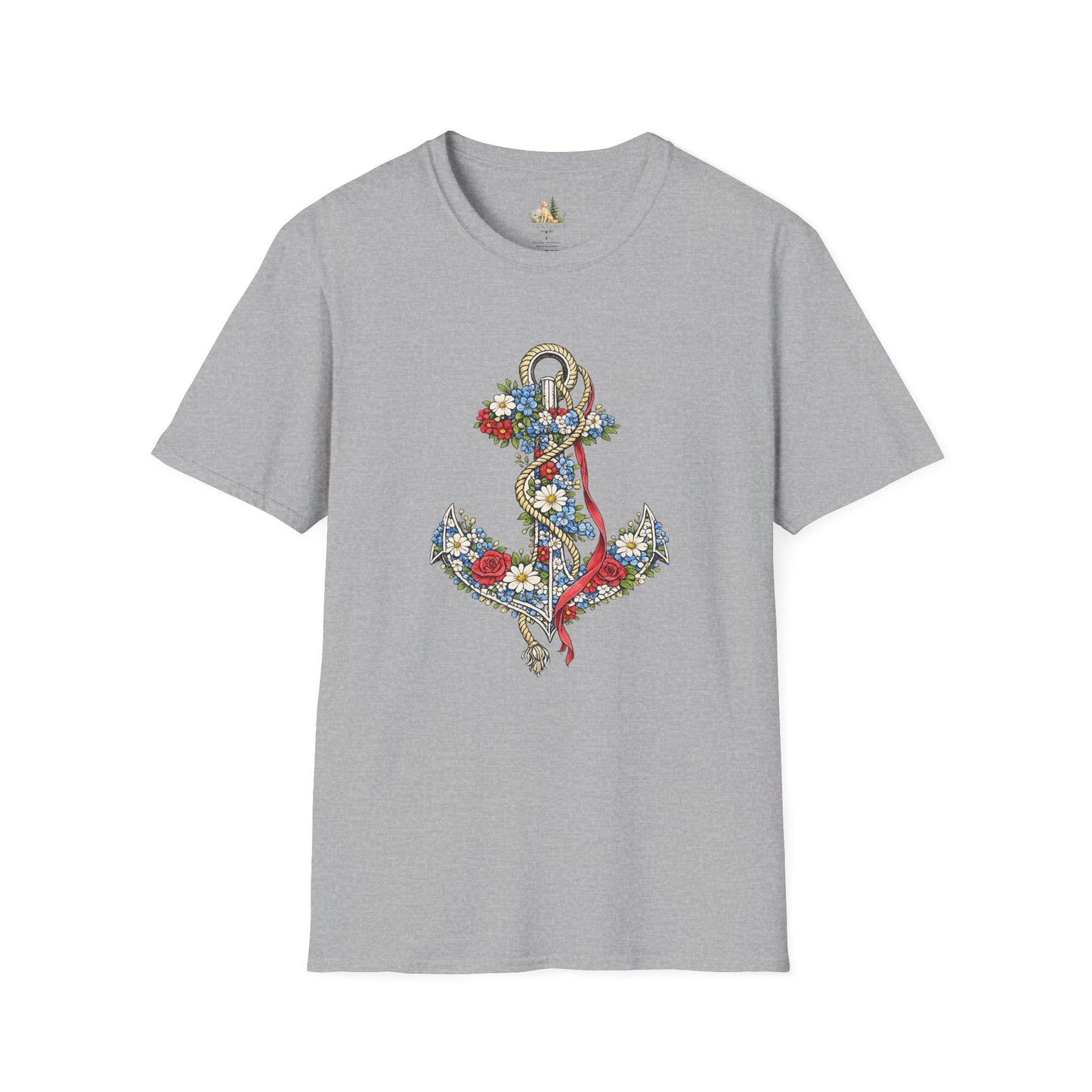 Floral Anchor Illustration T-Shirt Nautical Anchor with Roses (Light Weight, Ultra Soft T-Shirt)