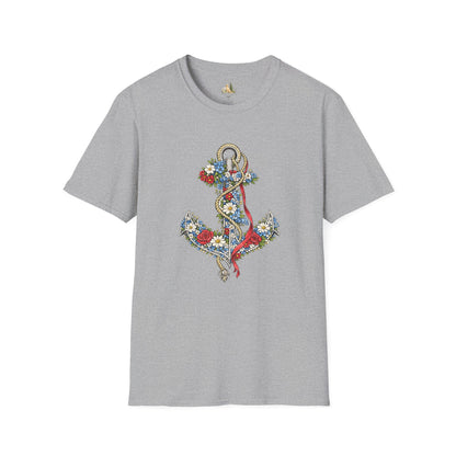 Floral Anchor Illustration T-Shirt Nautical Anchor with Roses (Light Weight, Ultra Soft T-Shirt)