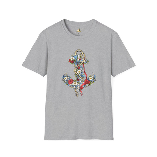 Floral Anchor Illustration T-Shirt Nautical Anchor with Roses (Light Weight, Ultra Soft T-Shirt)