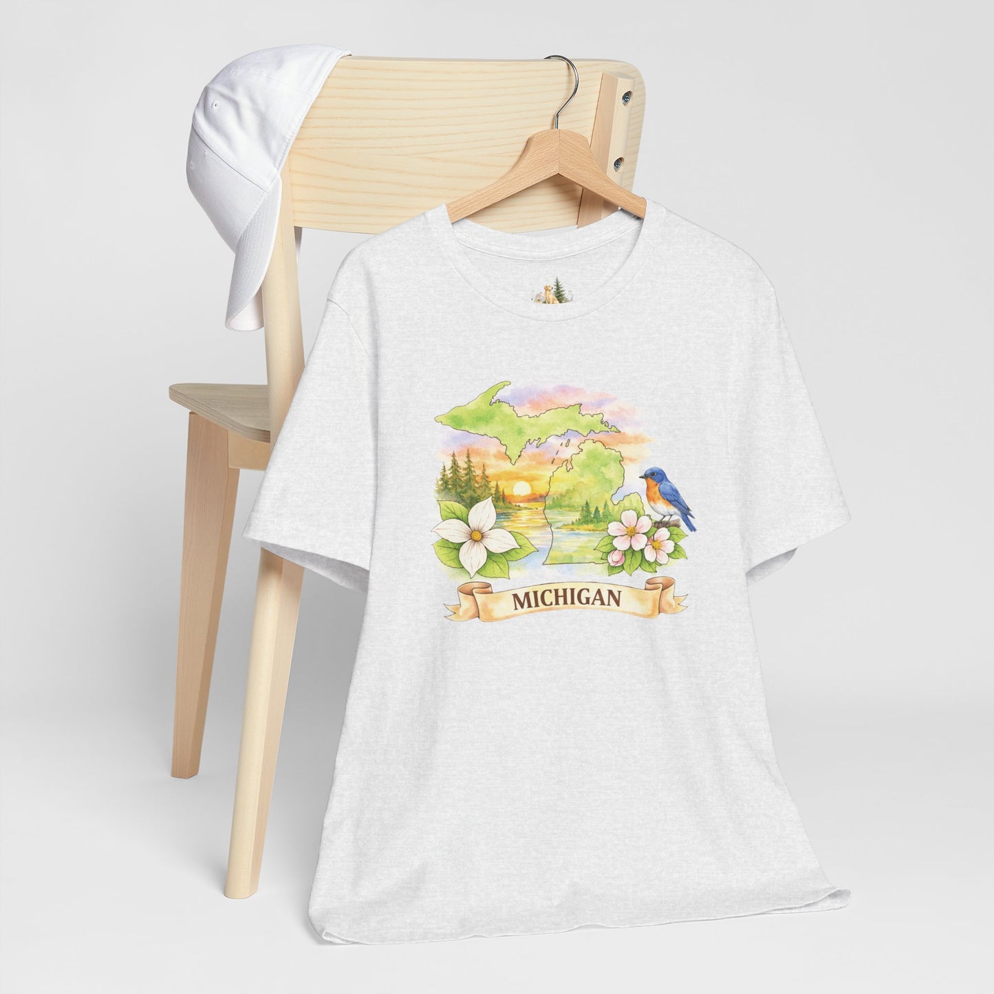 Michigan Scenic T-Shirt — State Flower & Bluebird Watercolor Design