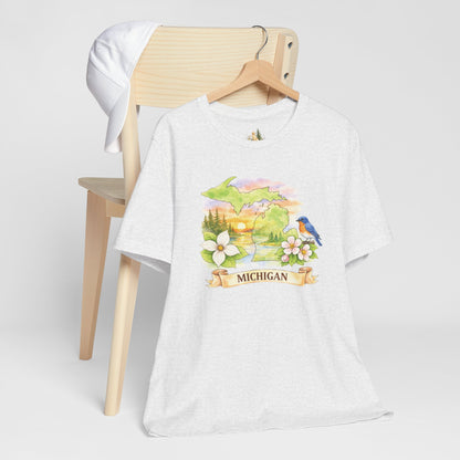 Michigan Scenic T-Shirt — State Flower & Bluebird Watercolor Design