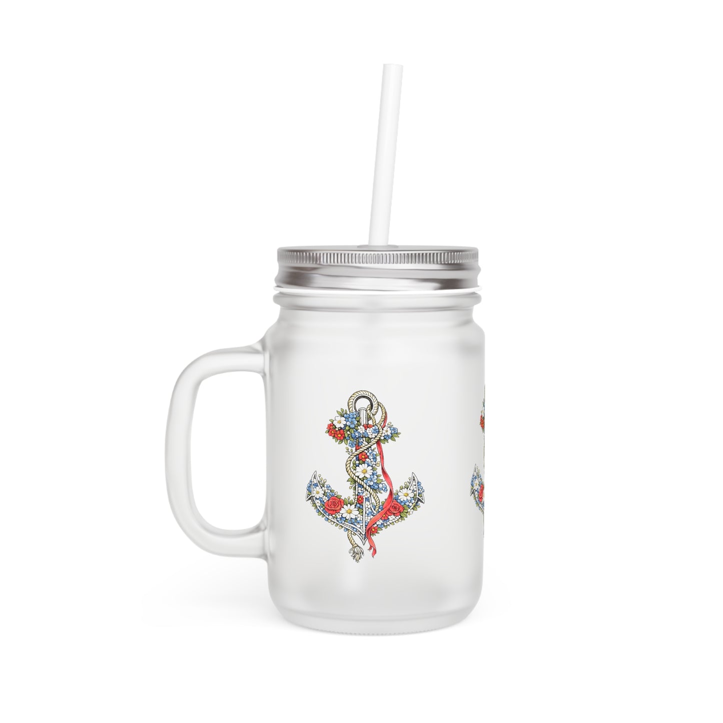 Floral Anchor Mason Jar | Mason Jar Tumbler with Handle and Straw