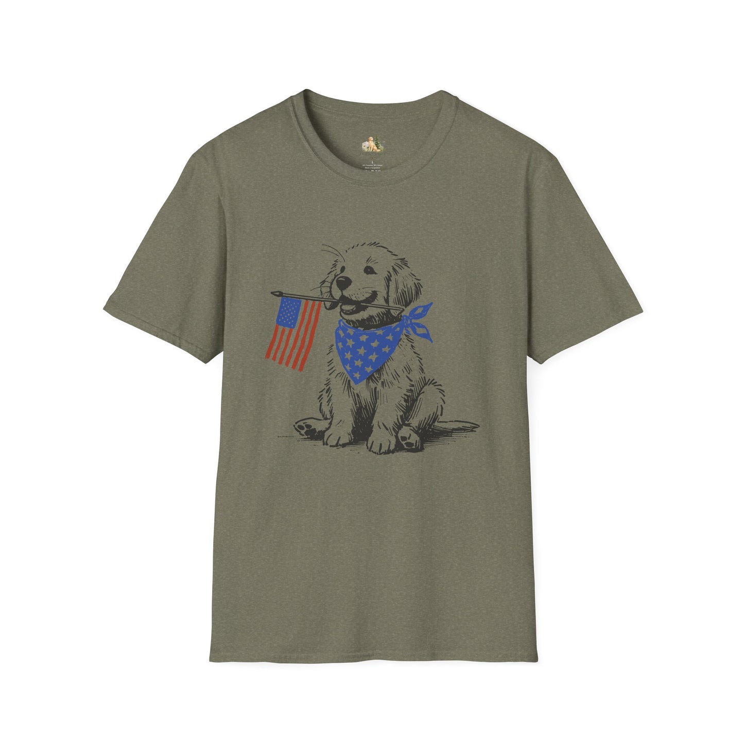 Unisex Patriotic Puppy T-Shirt — Golden Retriever with American Flag Bandana (Light Weight, Ultra Soft Tee)