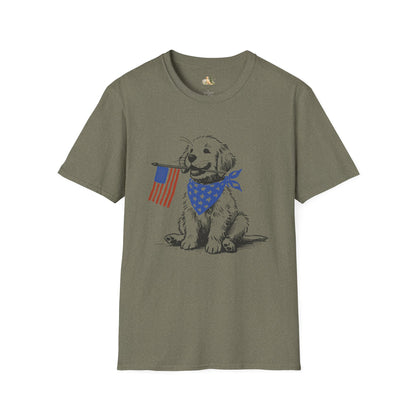 Unisex Patriotic Puppy T-Shirt — Golden Retriever with American Flag Bandana (Light Weight, Ultra Soft Tee)