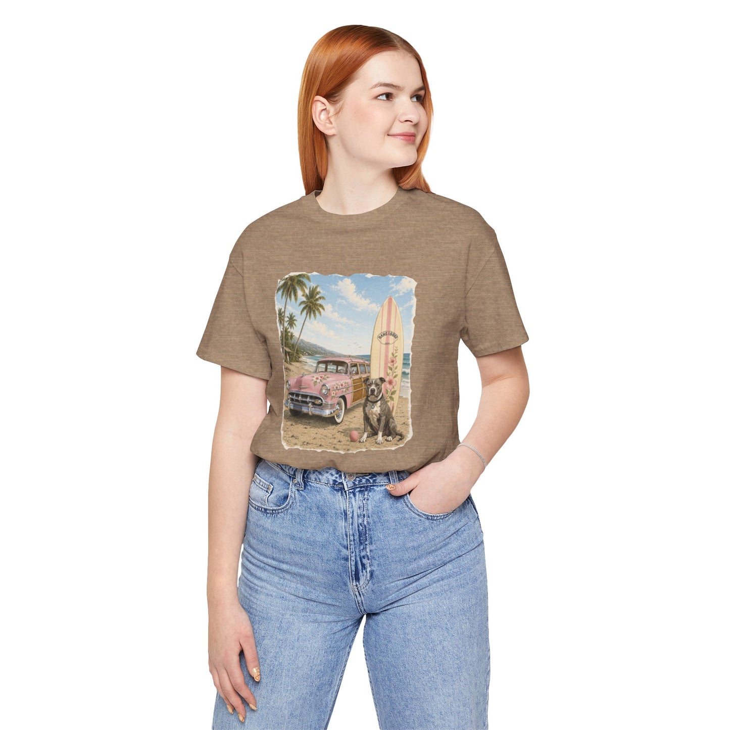 Vintage Beach Surf T‑Shirt — Retro Car, Surfboard & Dog Graphic