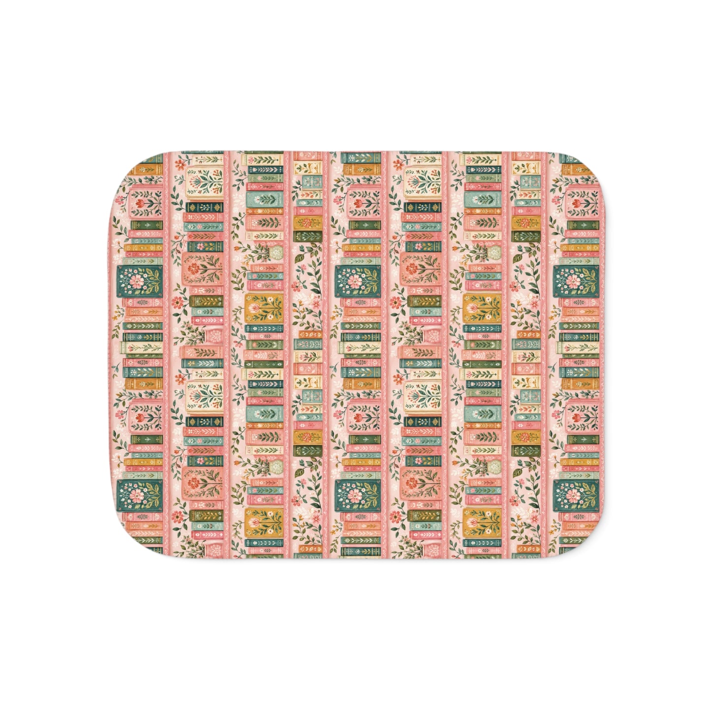 Vintage Floral Bookstack Sherpa Blanket — Cozy Pink Library Pattern