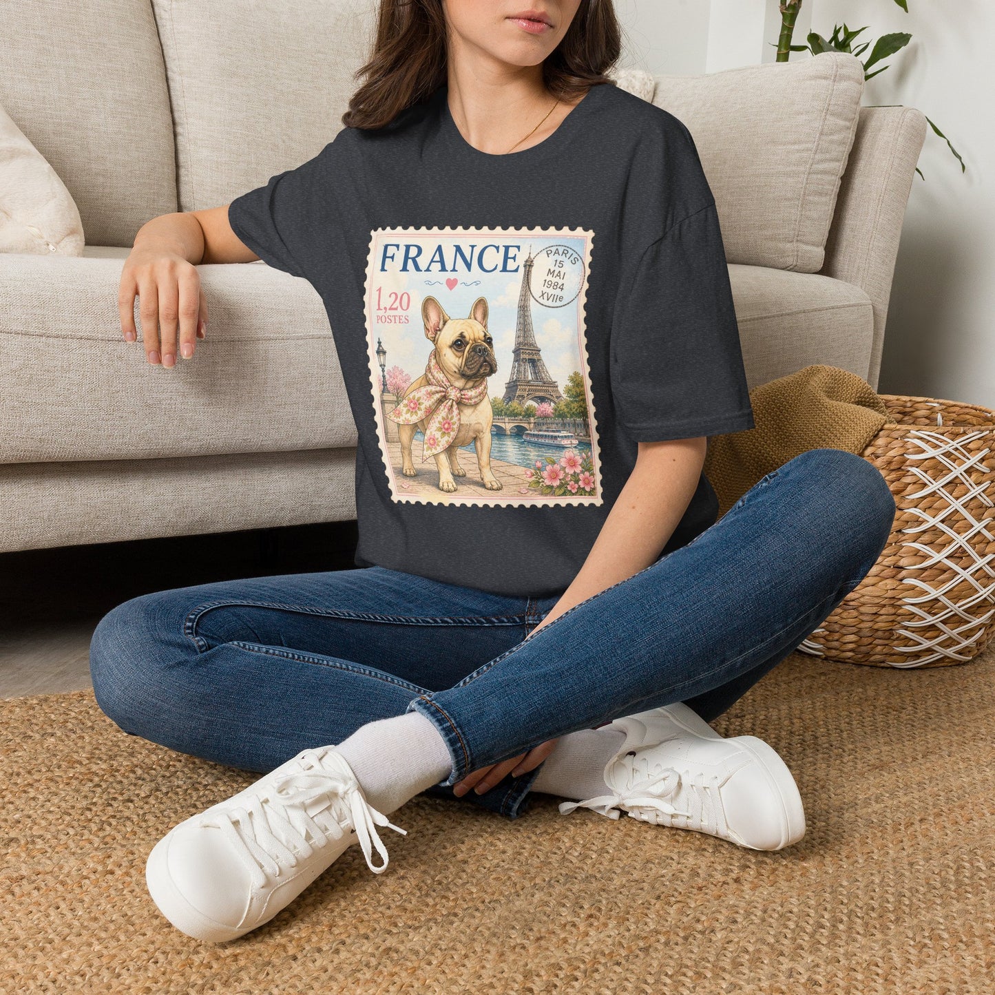 French Bulldog Postage Stamp T-Shirt | Eiffel Tower Paris Design (Light Weight, Ultra Soft Tee)