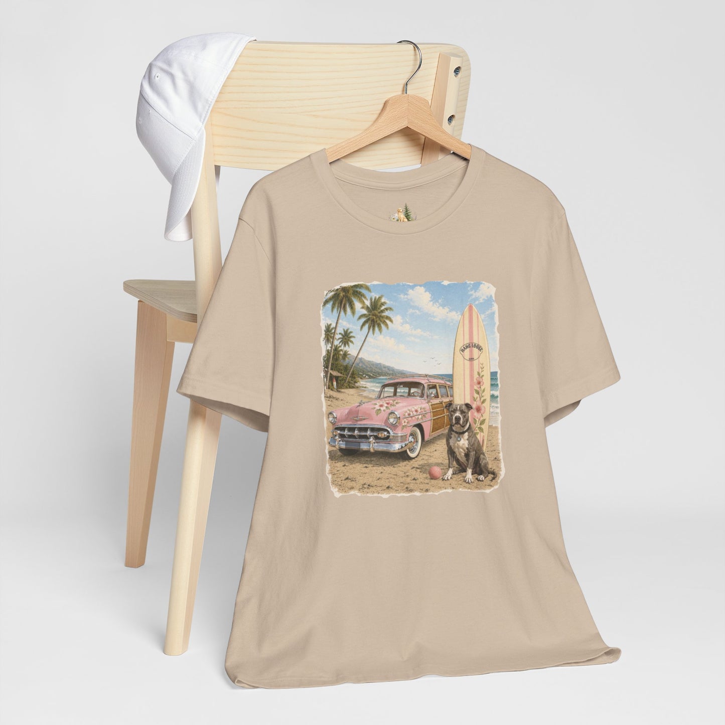 Vintage Beach Surf T‑Shirt — Retro Car, Surfboard & Dog Graphic