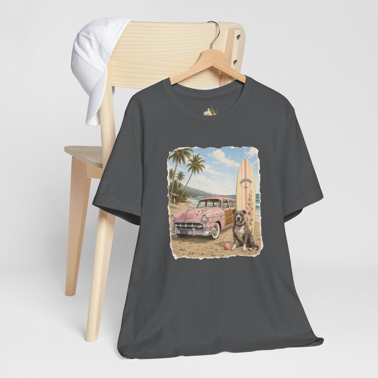Vintage Beach Surf T‑Shirt — Retro Car, Surfboard & Dog Graphic