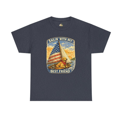 Unisex Sailin' With My Best Friend T-Shirt - Dog & American Flag Sailing Crew Tee (Light Weight, Ultra Soft Cotton)