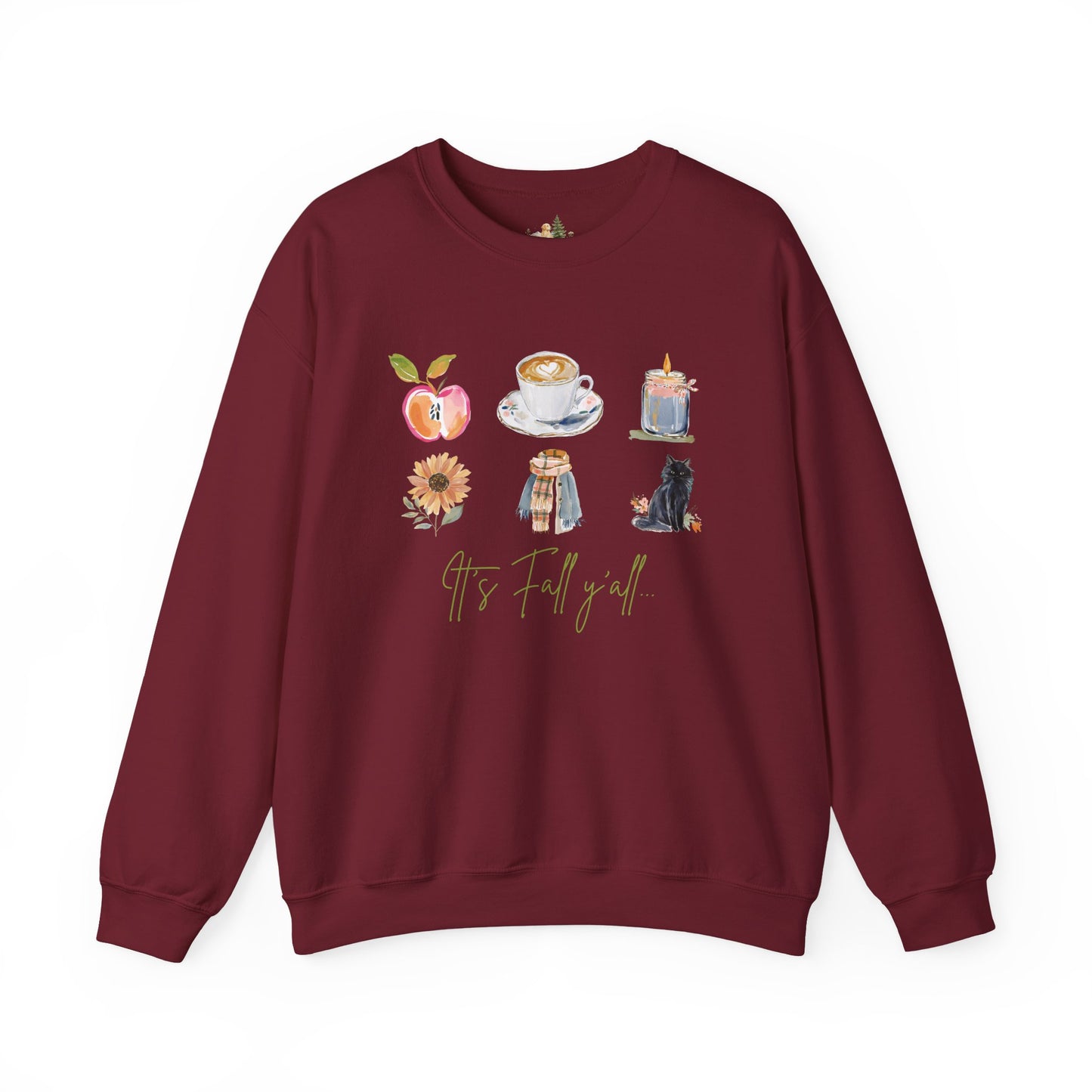 Fall Icons Crewneck Sweatshirt — Cozy Autumn Peach, Coffee, Candle & Cat Design