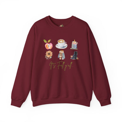 Fall Icons Crewneck Sweatshirt — Cozy Autumn Peach, Coffee, Candle & Cat Design