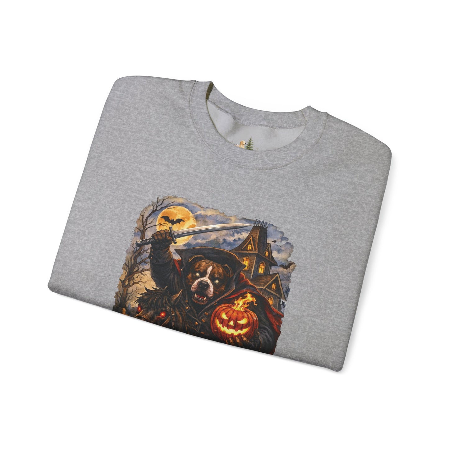 Unisex Halloween Pit Bull Headless Horseman Crewneck Sweatshirt ~ What Tails Lurk Behind The Pines