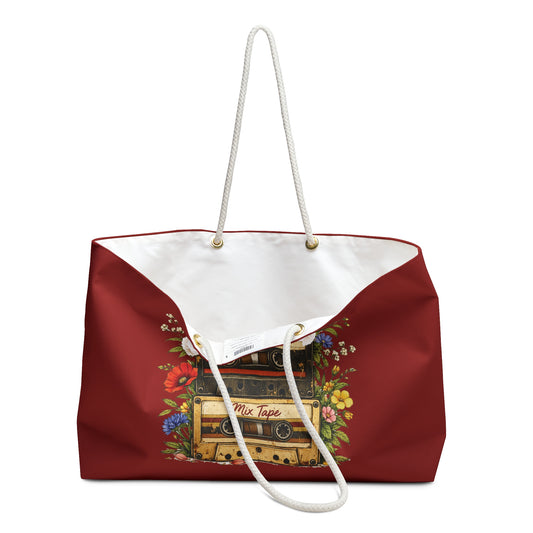 Retro Mixtape Weekender Bag — Vintage Cassette & Floral Travel Tote