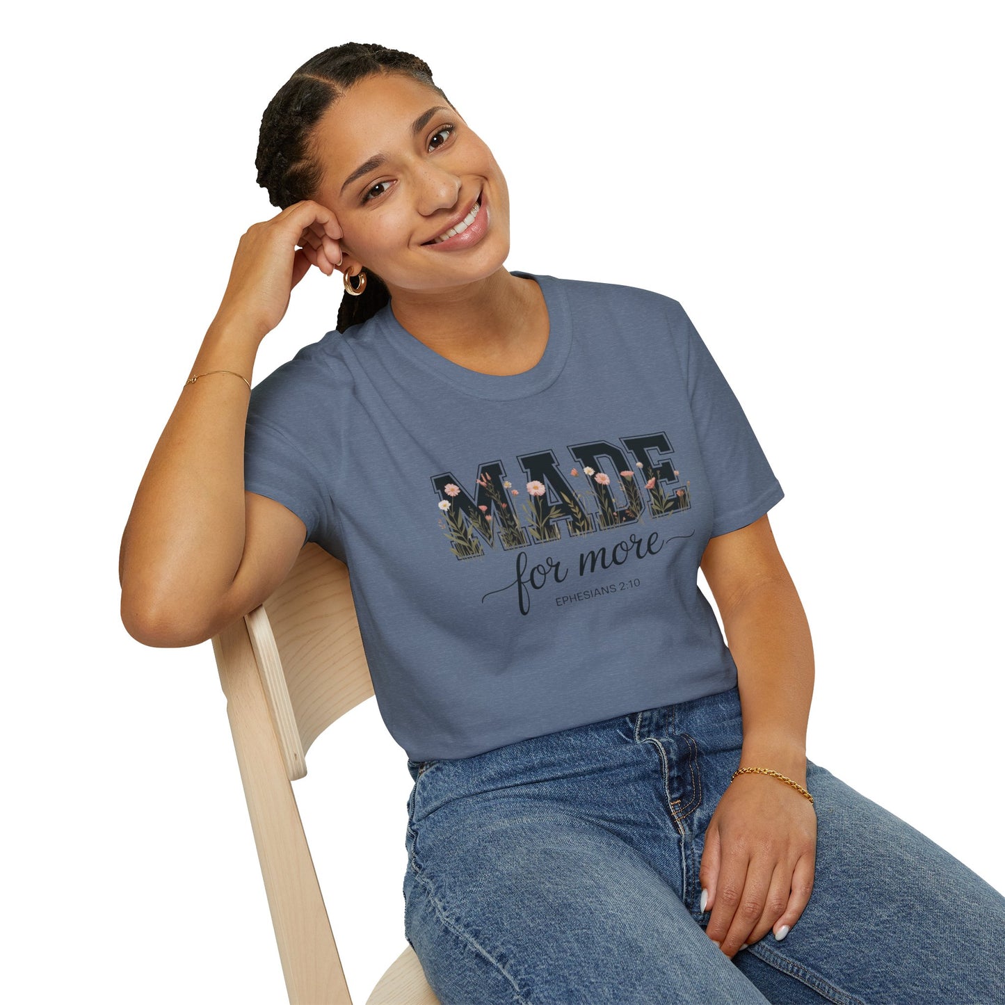 Made For More T-Shirt – Floral Script Christian Faith Tee (Ephesians 2:10) Light Weight, Ultra Soft Tee