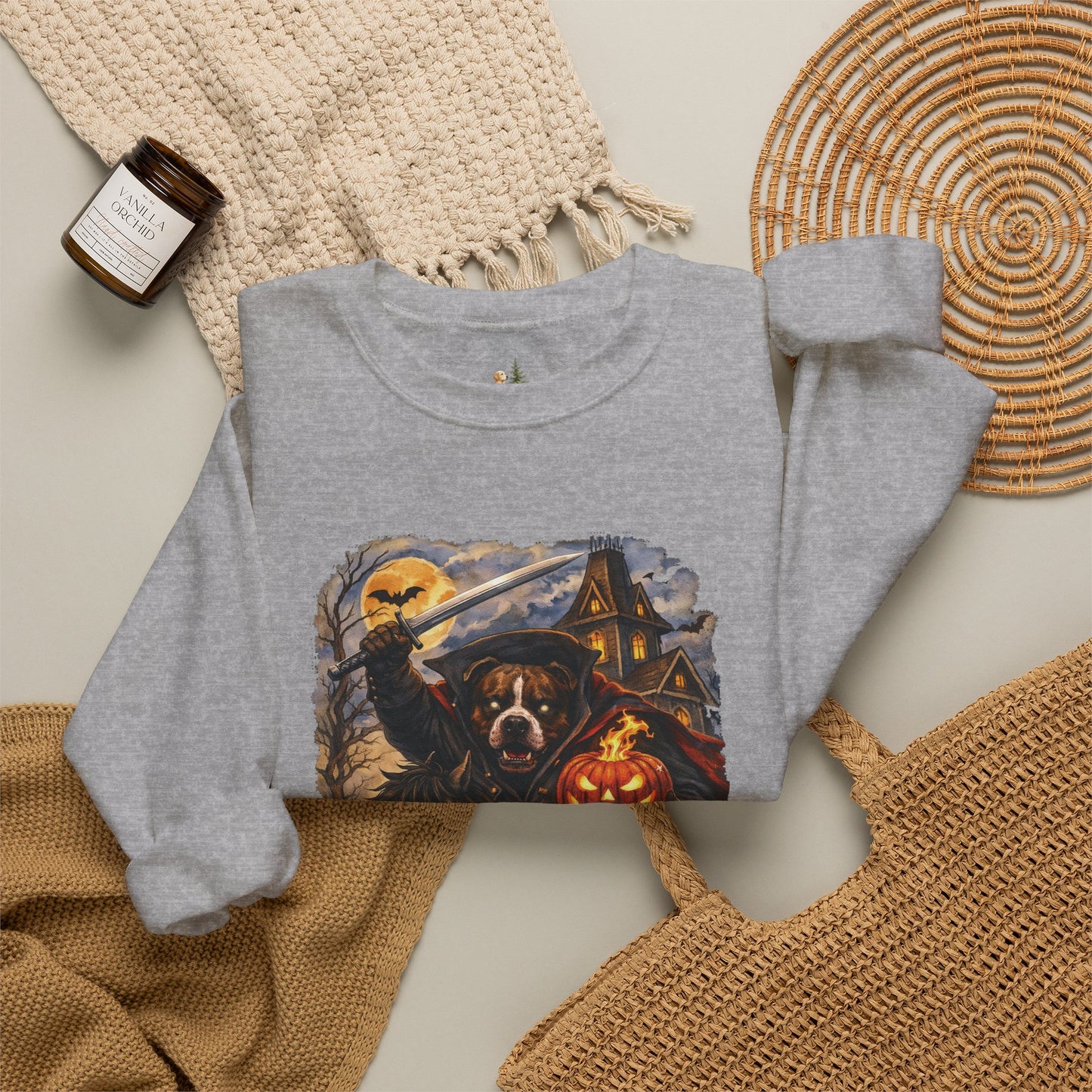 Unisex Halloween Pit Bull Headless Horseman Crewneck Sweatshirt ~ What Tails Lurk Behind The Pines