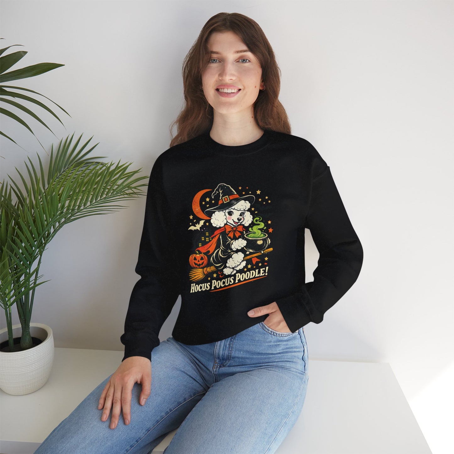 Vintage Halloween Poodle Witch Crewneck Sweatshirt — Cute Pumpkin and Poodle
