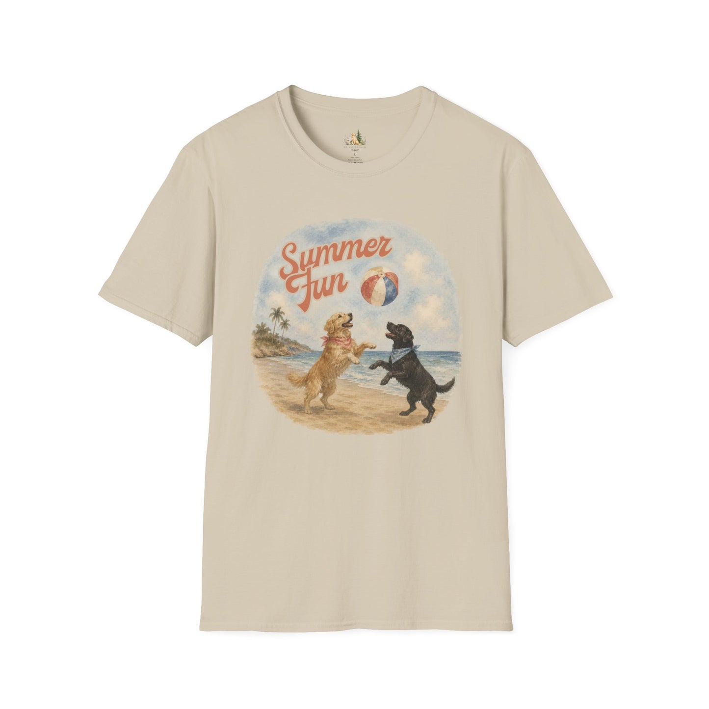 Summer Fun Dogs T-Shirt — Retro Beach Puppies Playing with Beach Ball (Light Weight, Ultra Soft Tee)