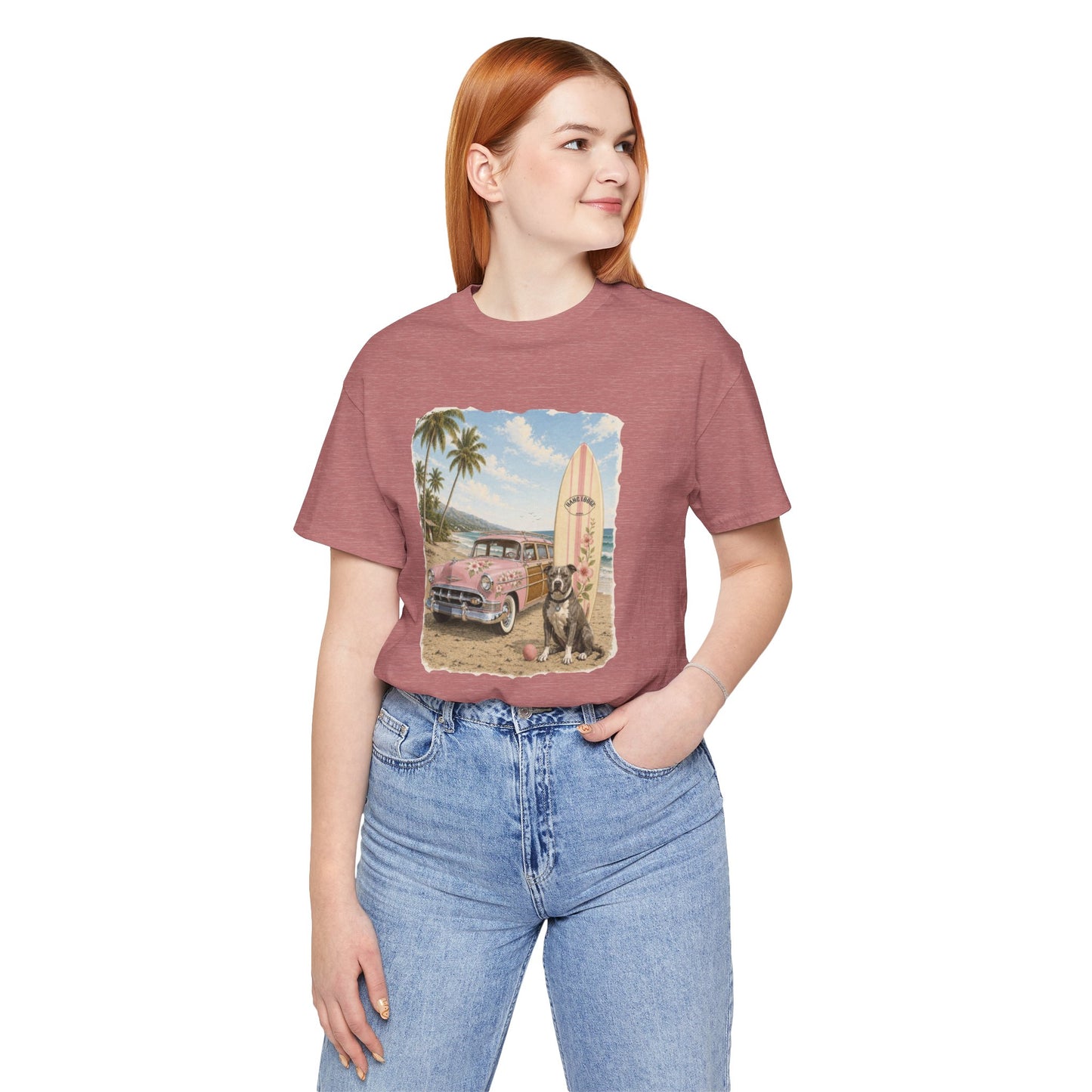 Vintage Beach Surf T‑Shirt — Retro Car, Surfboard & Dog Graphic