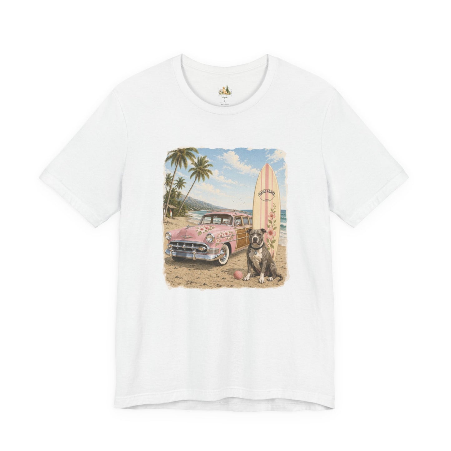 Vintage Beach Surf T‑Shirt — Retro Car, Surfboard & Dog Graphic