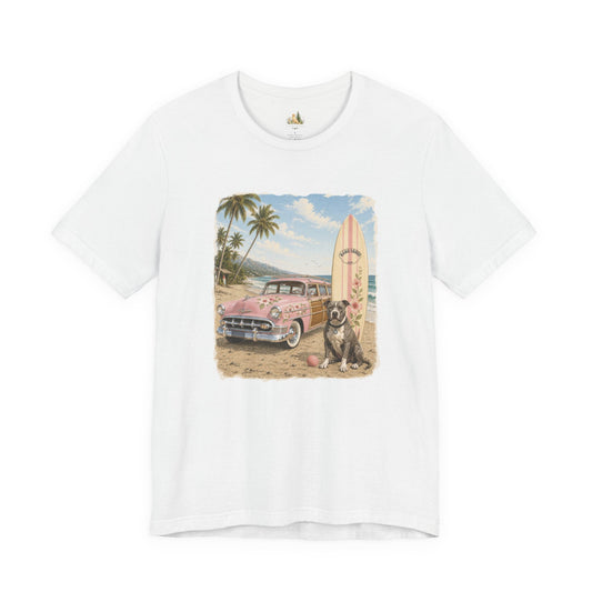 Vintage Beach Surf T‑Shirt — Retro Car, Surfboard & Dog Graphic