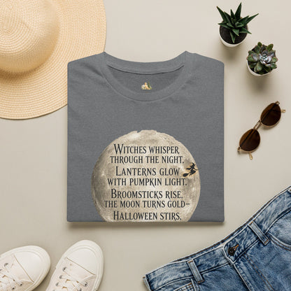 Halloween Poem T-Shirt — "Witches whisper through the night" Moon Graphic
