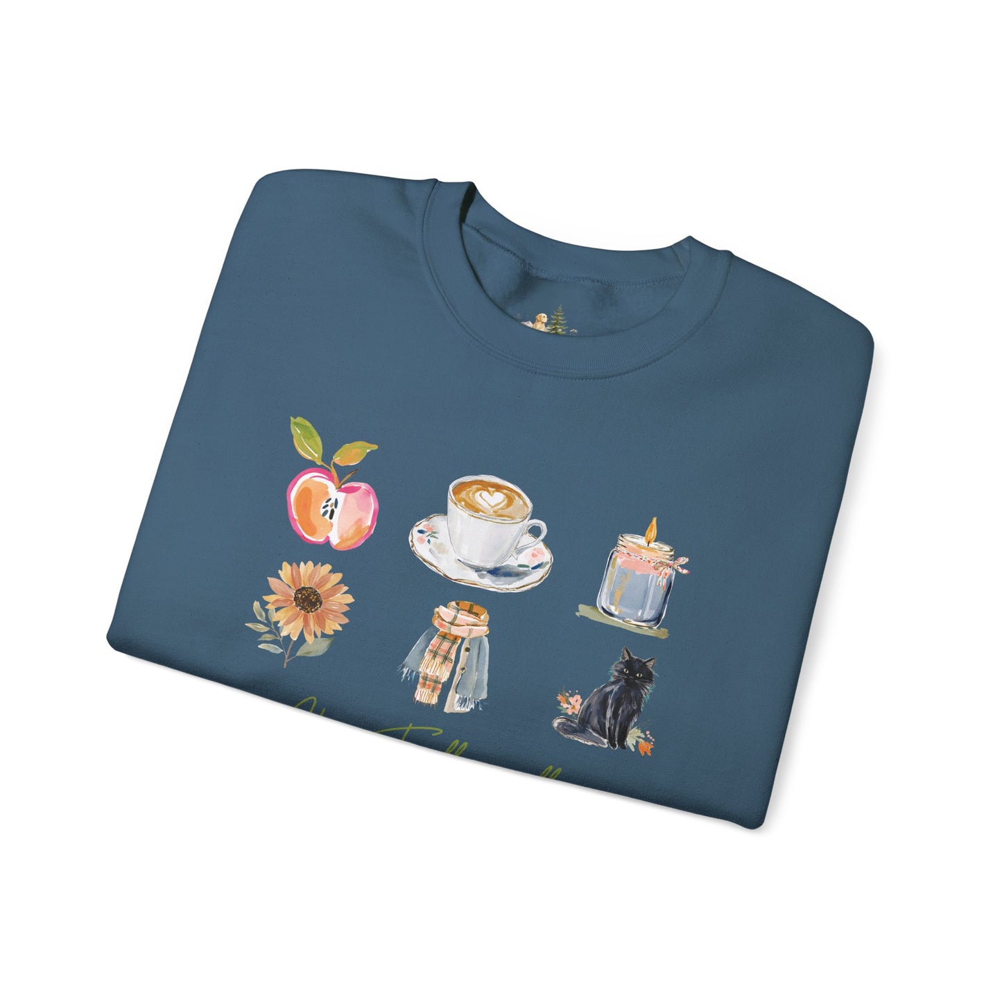 Fall Icons Crewneck Sweatshirt — Cozy Autumn Peach, Coffee, Candle & Cat Design