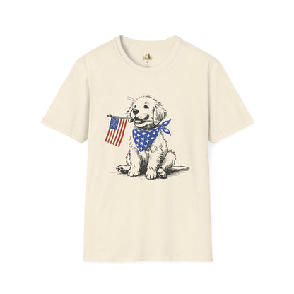 Unisex Patriotic Puppy T-Shirt — Golden Retriever with American Flag Bandana (Light Weight, Ultra Soft Tee)