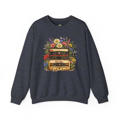 Retro Cassette Floral Sweatshirt — Vintage Tape Player Crewneck