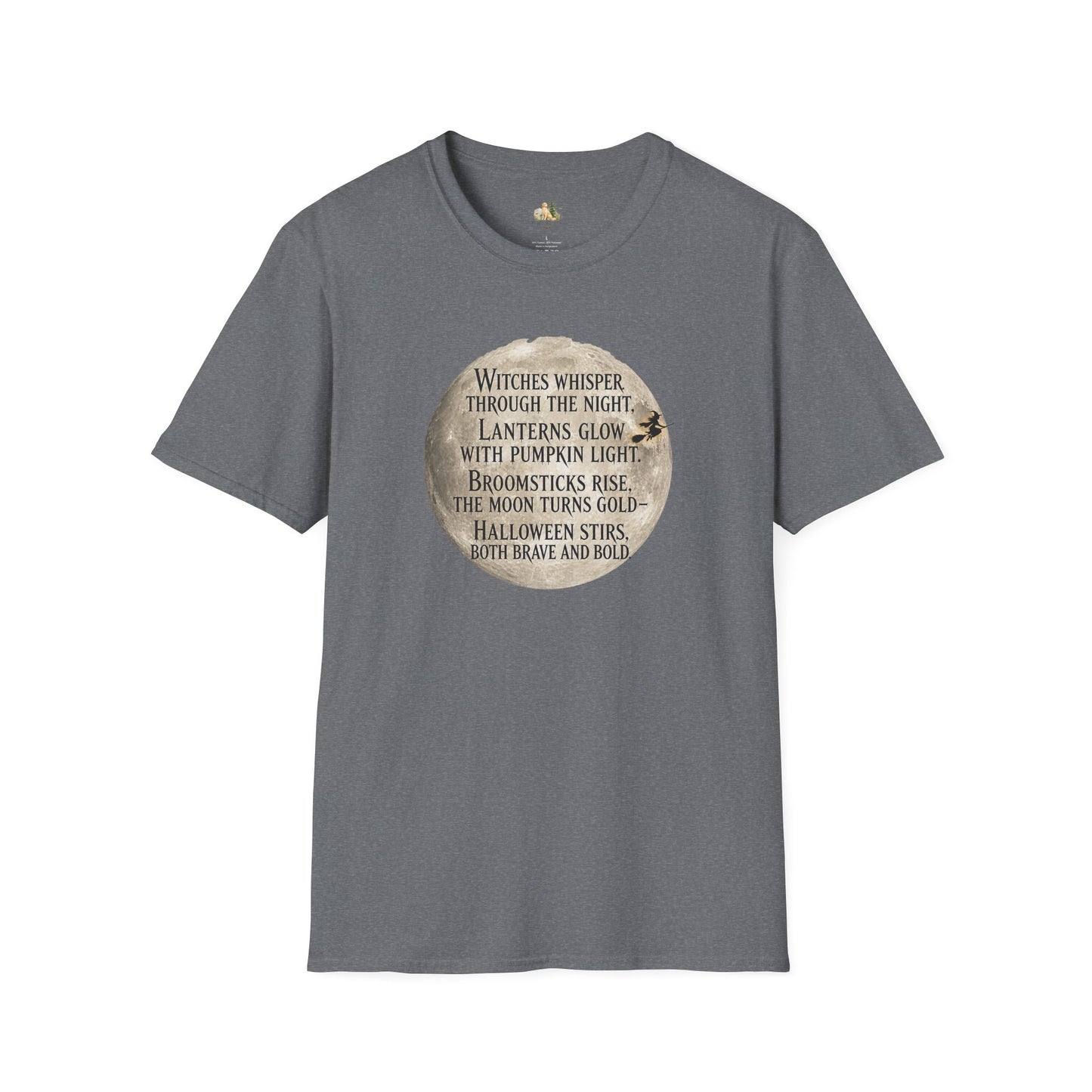 Halloween Poem T-Shirt — "Witches whisper through the night" Moon Graphic